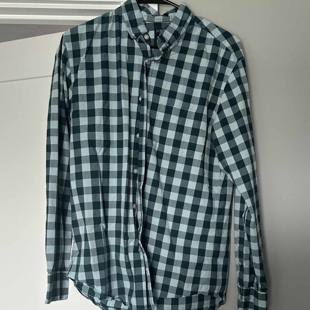 J Crew Green and White Checkered Casual Shirt